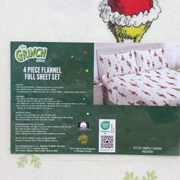 Dr Seuss The Grinch 4 Piece Flannel Sheet Set Full Double Cotton Comfortable - Picture 6 of 12